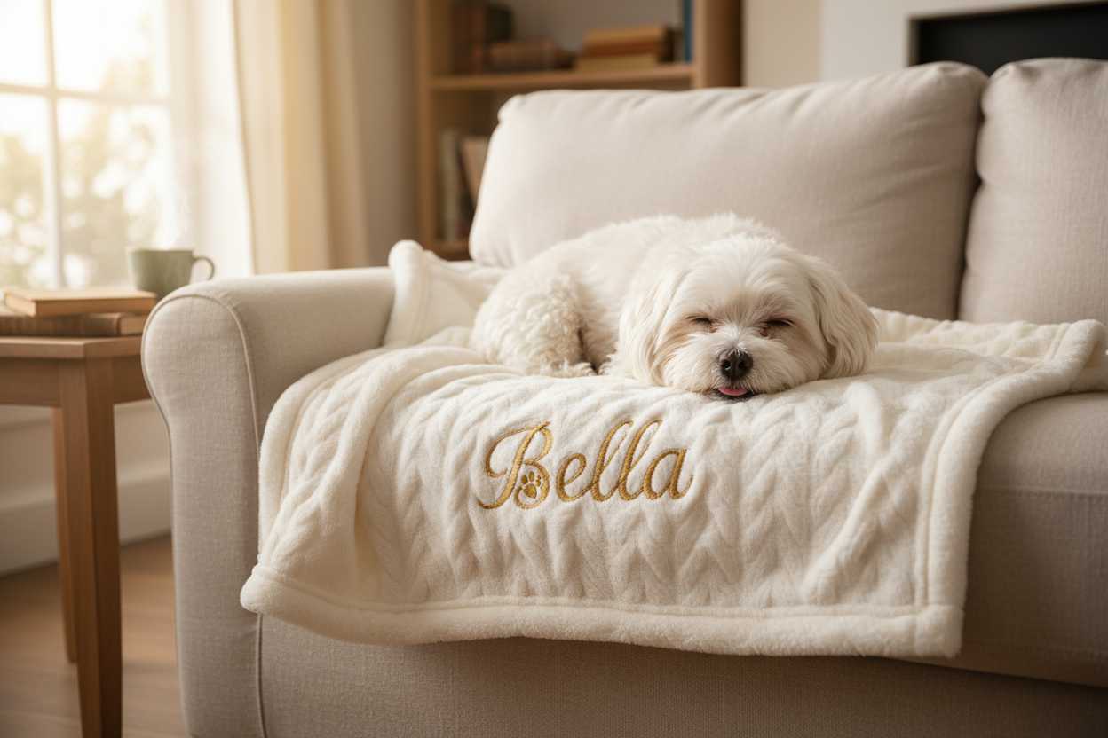 eine hunde decke mit den Namen bella drauf genäht und ein kleine Hund malteser der drauf liegt auf eine couch
